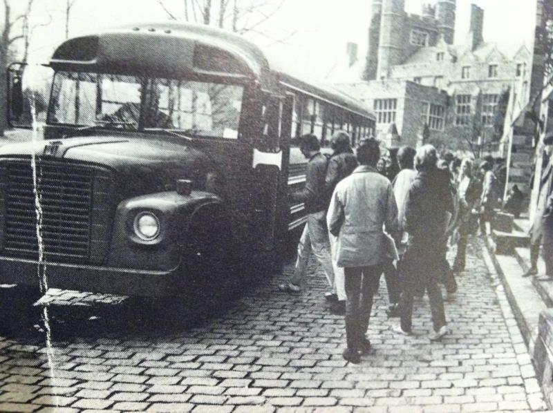 An archival photo of the Blue Bus from the 1960s or 1970s.